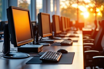 Row of desktop computers with keyboards and mice on a long table in an empty office lit by warm golden sunset light through large windows