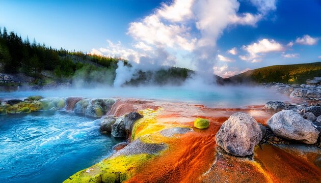 steaming geothermal hot spring water flows over colorful rocks creating a vibrant and tranquil scene perfect for travel nature and wellness themes natural beauty hot water