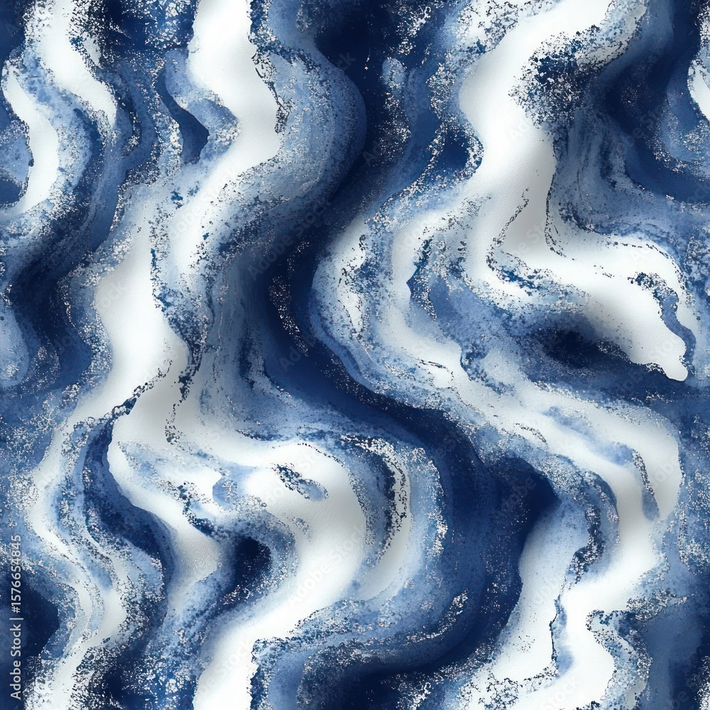 Poster abstract fluid wavy pattern with flowing blue and white shades accented by textured silver glitter, 