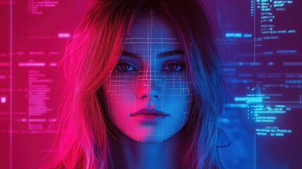 Close-up of a woman’s face with digital facial recognition lines overlaid, illuminated by contrasting pink and blue neon lights, evoking a futuristic and technological atmosphere