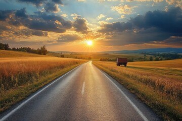 Obraz premium Empty country road stretching through golden fields under a dramatic sunset sky with scattered clouds and a lone red truck parked on the side