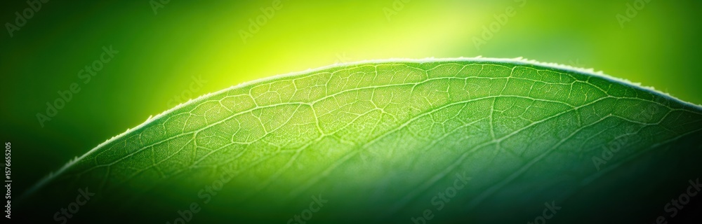Poster close-up of a vibrant green leaf showing detailed vein patterns and delicate tiny hairs along the ed