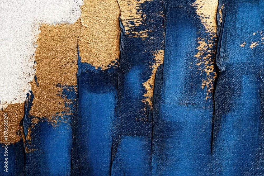 Poster abstract close-up of textured paint strokes in deep blue, gold, and white with rough, layered surfac