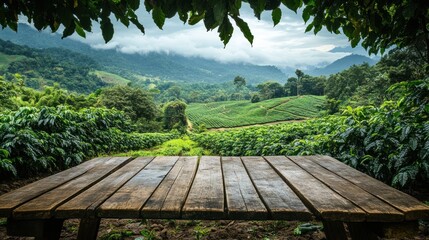 rustic wooden table set against a backdrop of lush green tea plantations and misty mountains offering a serene and inviting outdoor setting perfect for showcasing natural