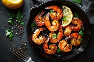 Sizzling grilled shrimp garnished with fresh parsley and a lemon wedge served in a black cast iron skillet with peppercorns and a lemon half on the side