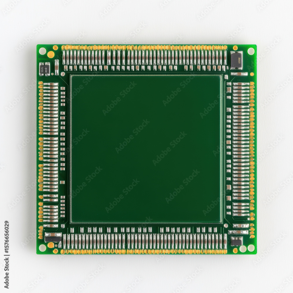 Poster green printed circuit board with integrated microchip and detailed connectors for advanced electroni