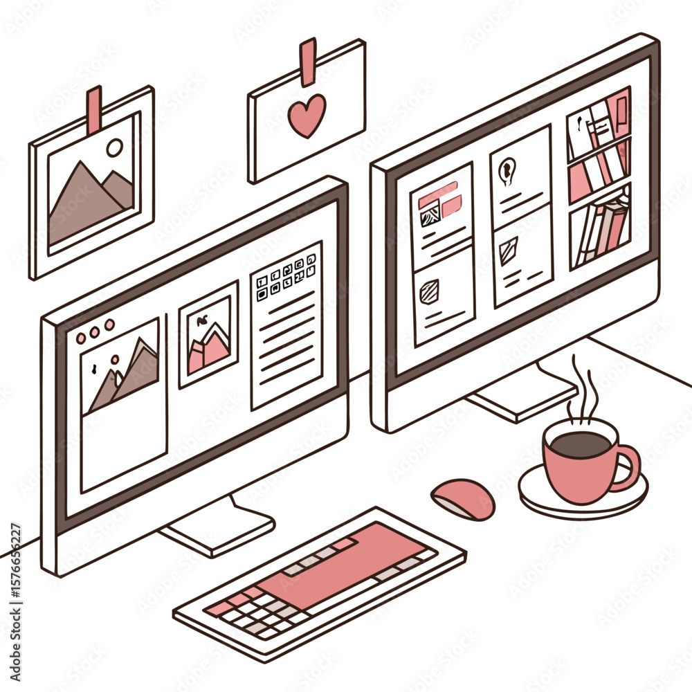 Poster isometric view of a workspace with dual monitors keyboard mouse coffee and hanging decorations shown