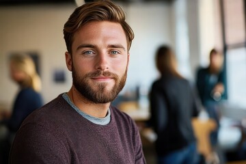 Fototapeta premium Smiling young man with beard wearing a maroon sweater looking at the camera in a modern office environment with blurred colleagues working in the background