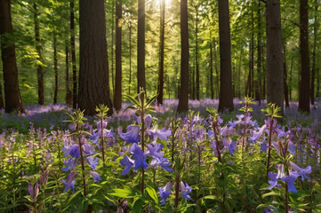 Obraz premium Photo of sunlight streams through a forest canopy onto a carpet of bluebells