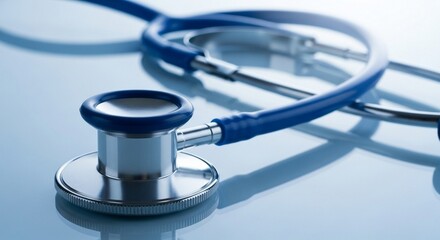 A blue stethoscope on a reflective surface in a doctors office