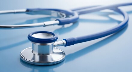 A blue stethoscope resting on a reflective surface in a hospital