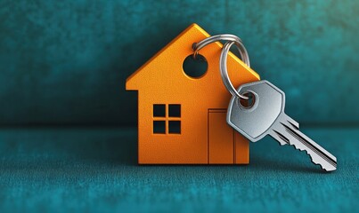 Orange house-shaped keychain with a metal key attached resting on a teal fabric surface symbolizing home ownership or real estate