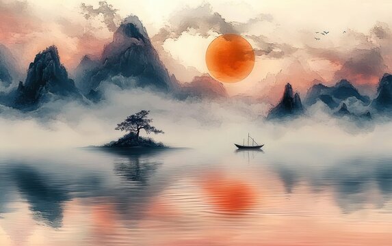 Serene misty lake with rocky mountains, a small island with a tree, a boat on calm water, and a large red sun glowing through soft clouds during sunset