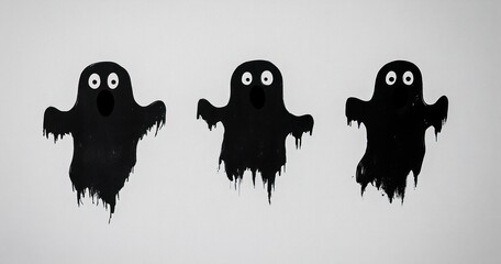 Three black ghost figures with dripping edges and surprised eyes on a white background creating a spooky and eerie mood
