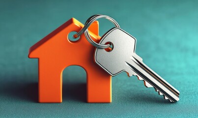Silver key attached to an orange house-shaped keychain on a teal textured surface symbolizing home ownership or real estate concept