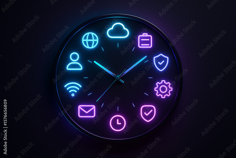 Poster modern clock face with glowing neon icons representing digital time technology security cloud connec