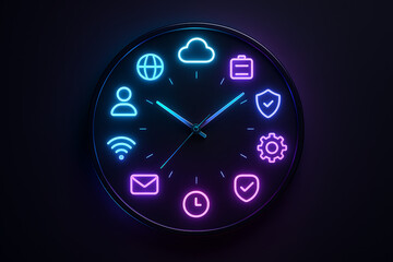 Modern clock face with glowing neon icons representing digital time technology security cloud connectivity scheduling interface and smart productivity tools for futuristic concept design