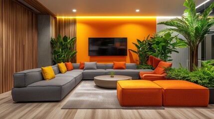 modern living space with vibrant orange accents and lush greenery featuring a sectional sofa and television creating a relaxing and inviting atmosphere for residents