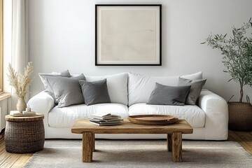 Minimalist living room with white sofa, gray cushions, rustic wooden coffee table, neutral artwork, wicker side table with books and vase, and a potted plant by the wall