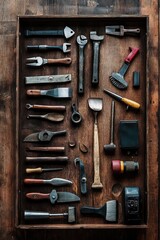 Organized collection of various old and vintage hand tools including brushes, wrenches, chisels, screwdrivers, and other metal tools laid out neatly on a wooden surface inside a frame
