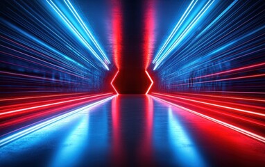 Futuristic tunnel with glowing blue and red neon lights converging toward a dark hexagonal opening, creating a sense of speed and technological advancement