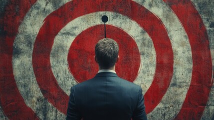 an ambitious businessman standing before a target illustration conveys focus dedication and drive toward achieving professional objectives with determination and clarity of purpose