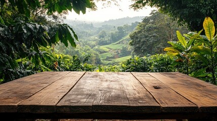 rustic wooden table backdrop overlooking misty tropical landscape showcasing lush vegetation and tiered coffee plantations in a serene and inviting outdoor environment