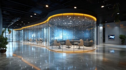 modern office interior with transparent glass walls reflecting cityscapes creating a futuristic and innovative work environment designed for collaboration and technology integration