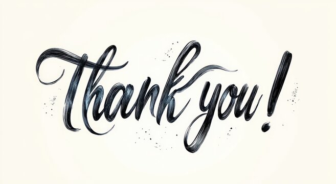Elegant black brushstroke calligraphy text reading thank you with artistic ink splatters on a light beige background expressing gratitude