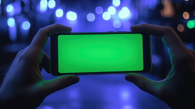 Person holding a smartphone with a green screen in a dimly lit environment with blue bokeh lights in the background