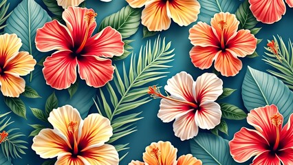 Fototapeta premium Tropical Floral Pattern with Hibiscus and Palm Leaves in Vibrant Colors