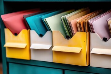 Colorful office file folders arranged neatly in yellow and white holders on a teal shelf, showing organization and productivity