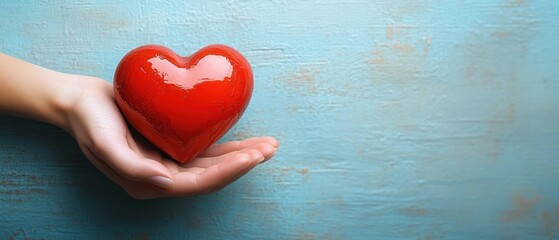 Hand gently holding a shiny red heart sculpture against a textured blue background symbolizing care and love