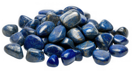 Pile of tumbled deep blue lapis lazuli stones with golden pyrite inclusions isolated on transparent background