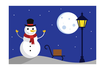 Naklejka premium Snowman Waving Near Lamplight While Sleigh Crosses Sky