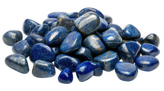 Pile of tumbled deep blue lapis lazuli stones with golden pyrite inclusions isolated on transparent background