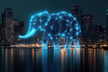 Glowing neon blue wireframe elephant floating above city waterfront at night with skyscrapers in the background and reflections on water