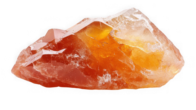 Vibrant orange calcite crystal cluster with sharp facets isolated on transparent background