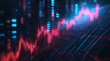 Digital visualization of fluctuating financial data with glowing red and blue lines and bars on a dark grid background
