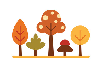 Set Of Fall Trees Toadstools And Nuts In Flat Color