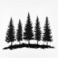 Obraz premium Silhouetted evergreen trees in a row with detailed branches on a small patch of ground against a plain white background
