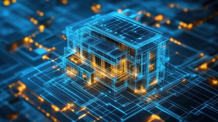 abstract digital blueprint visualization of a modern architectural design concept showcasing advanced technology in building engineering with intricate details and vibrant illumination