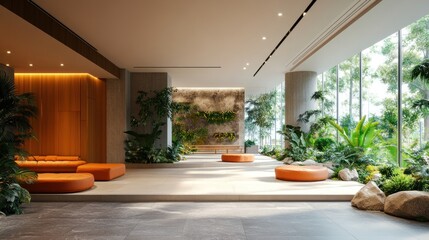 a serene and inviting indoor space seamlessly blending nature and modern design with lush greenery framing the panoramic windows and orange seating accents adding warmth