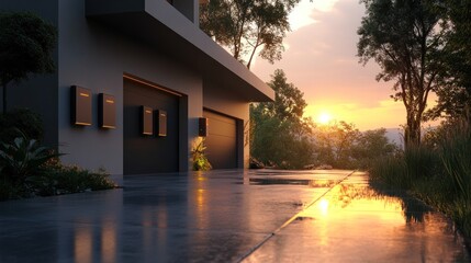 serene suburban architecture at twilight showcasing modern design elements and a warm inviting ambiance blending seamlessly with nature's golden hour glow