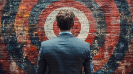 a businessman facing a target painted on a weathered brick wall contemplating his objectives and strategizing for professional success in a world of challenges and opportunities