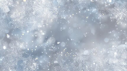 Winter wonderland scene with snowflakes, glitter, and bokeh lights against a soft gray backdrop