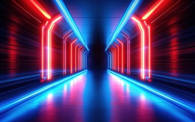 Futuristic corridor with vibrant red and blue neon lights reflecting on glossy floor creating a symmetrical glowing tunnel with a sense of depth and mystery