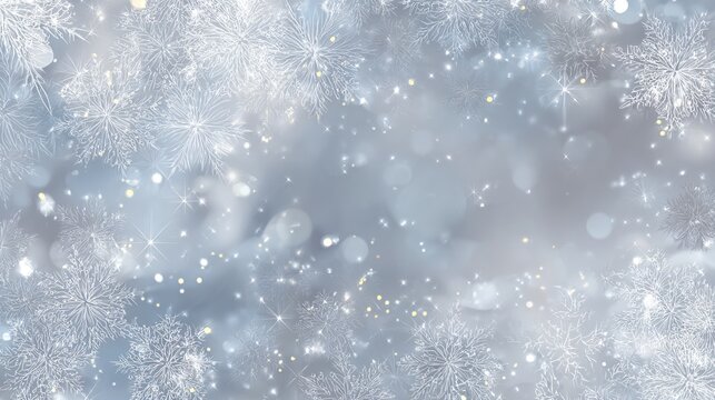 Winter wonderland scene with snowflakes, glitter, and bokeh lights against a soft gray backdrop