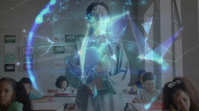 Teacher walking in classroom reaching center and initiating network lines forming holographic globe