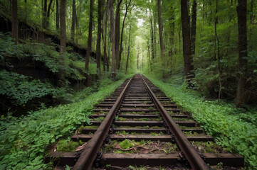 Obraz premium Photo of a railroad track stretches through a lush green forest landscape